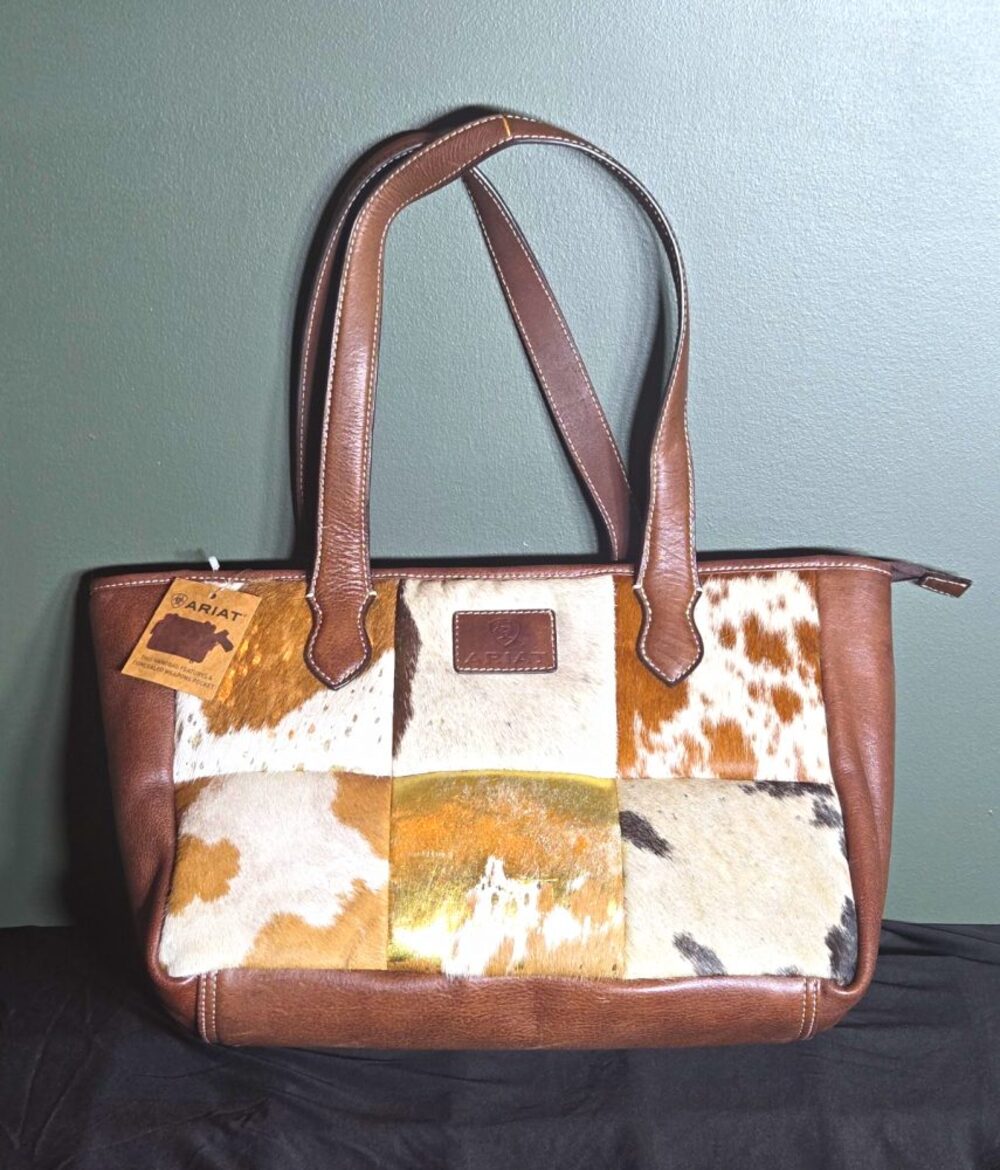 Ariat Brown Animal Print Patchwork Tote Bag Zip Top Inner Pockets Gold Hardware